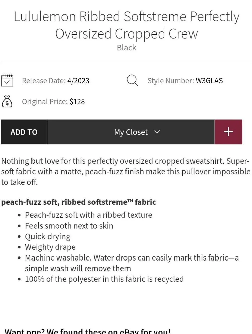 Lululemon Ribbed Softstreme Perfectly Oversized Cropped Crew Black Size 10